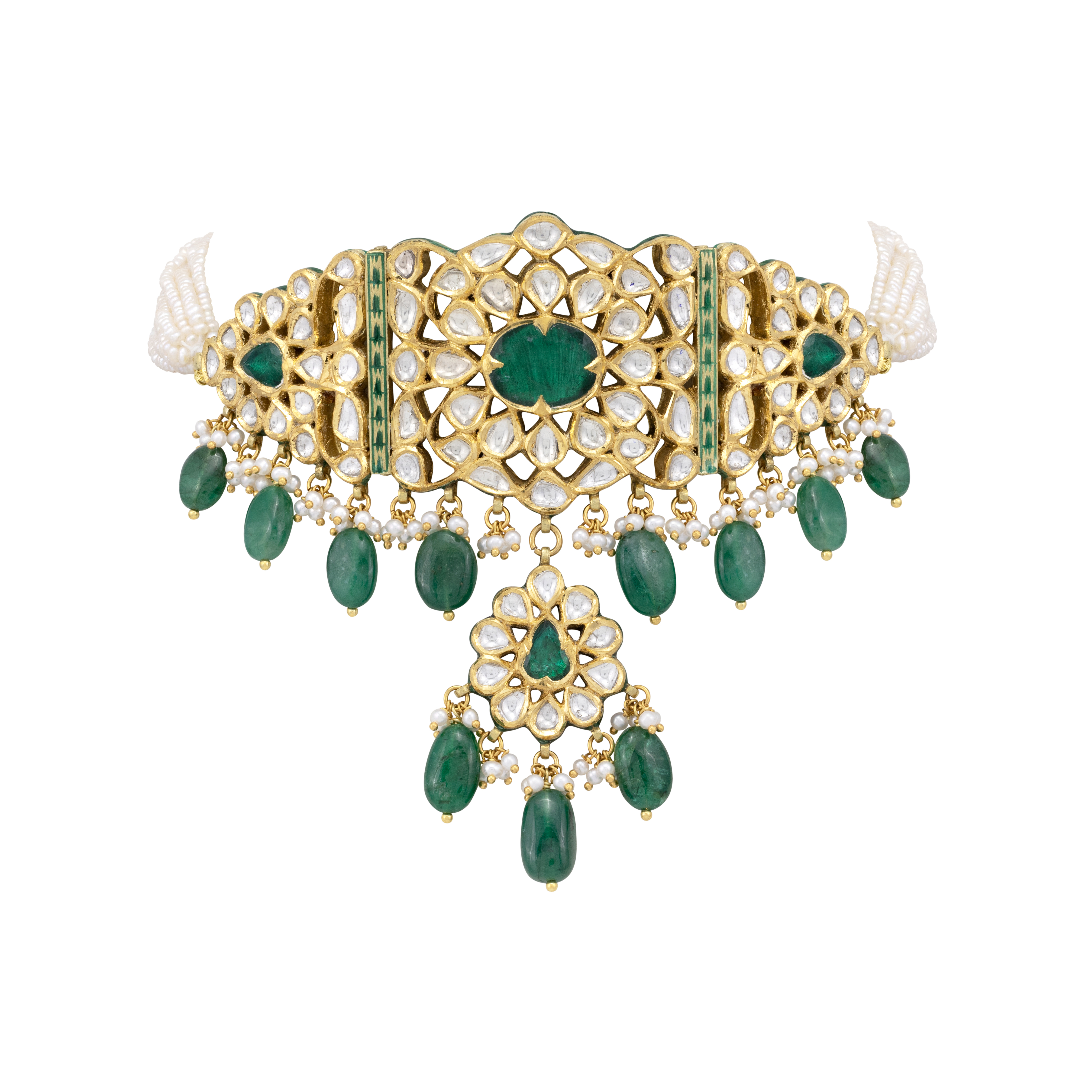 Zambian Emerald Mughal-Inspired Choker with Pearl Strands